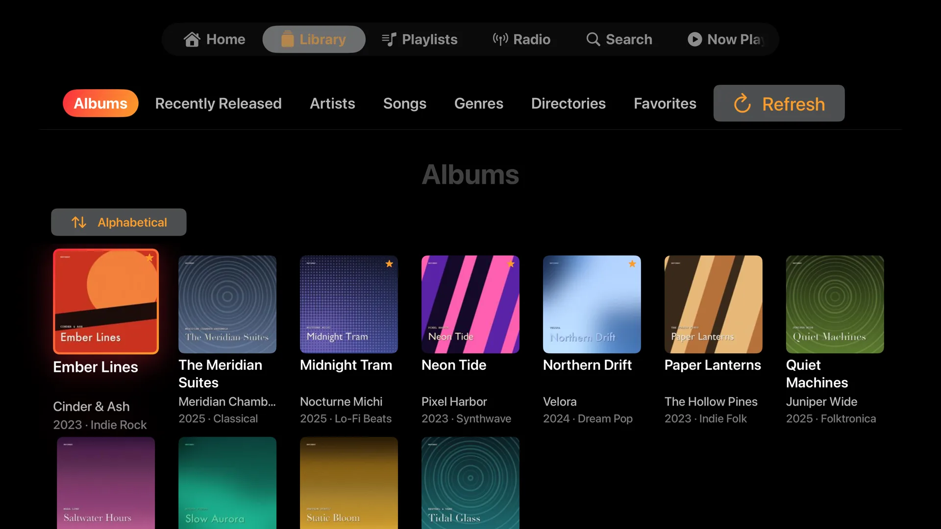 NaviBeat Library view on Apple TV showing the Albums tab with a grid of cover art, artist names, year, and genre metadata.