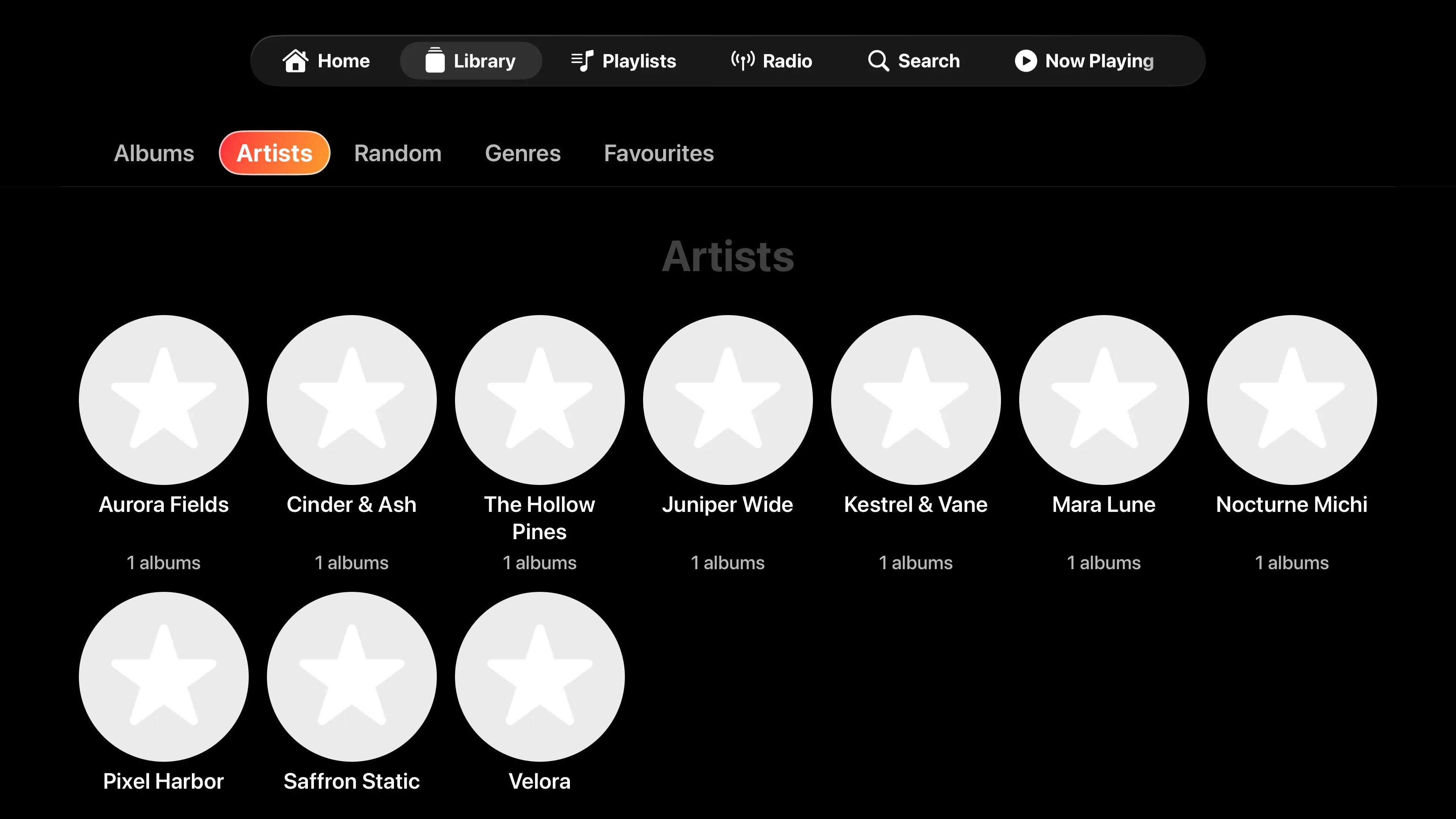 NaviBeat Artists list on Apple TV