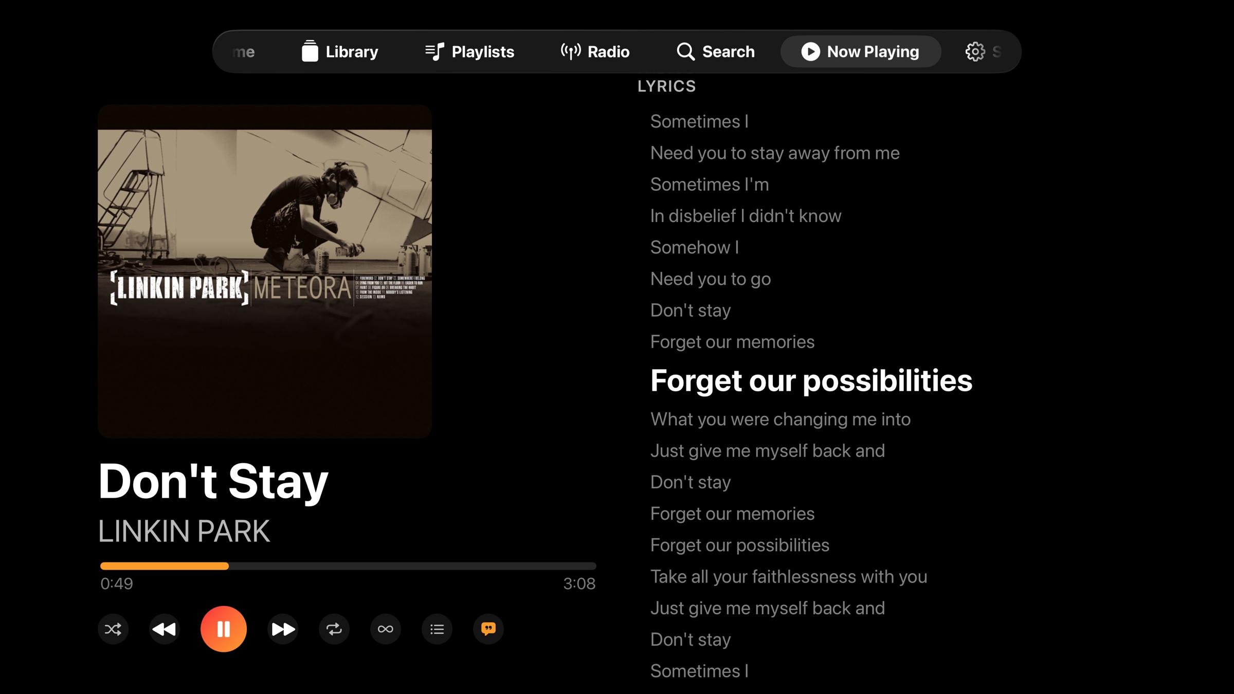 NaviBeat time-synced lyrics on Apple TV: Don't Stay by Linkin Park with the current line 'Forget our possibilities' highlighted in white while past lyrics fade to grey.
