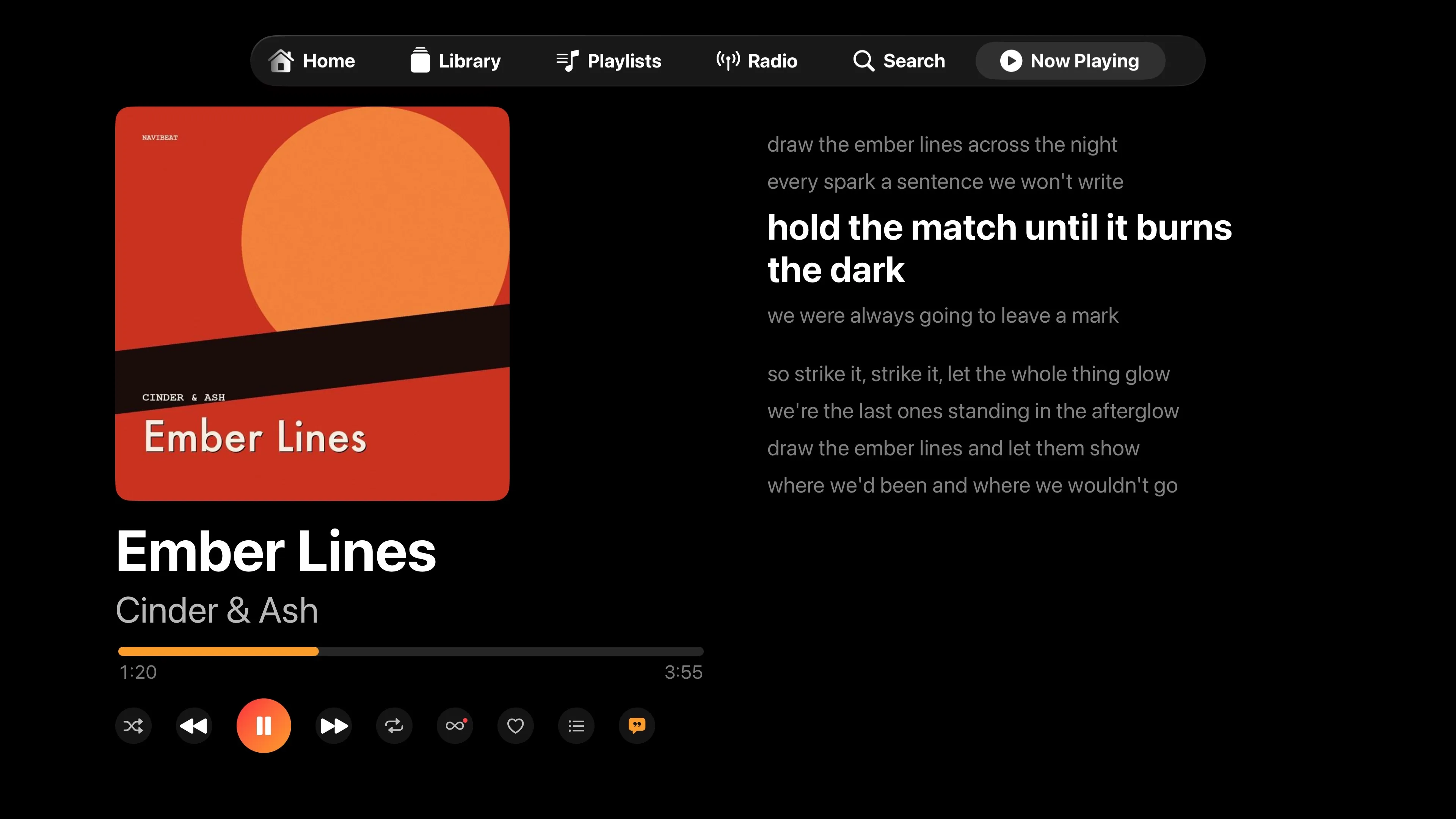 NaviBeat time-synced lyrics view on Apple TV with the active line highlighted in amber.