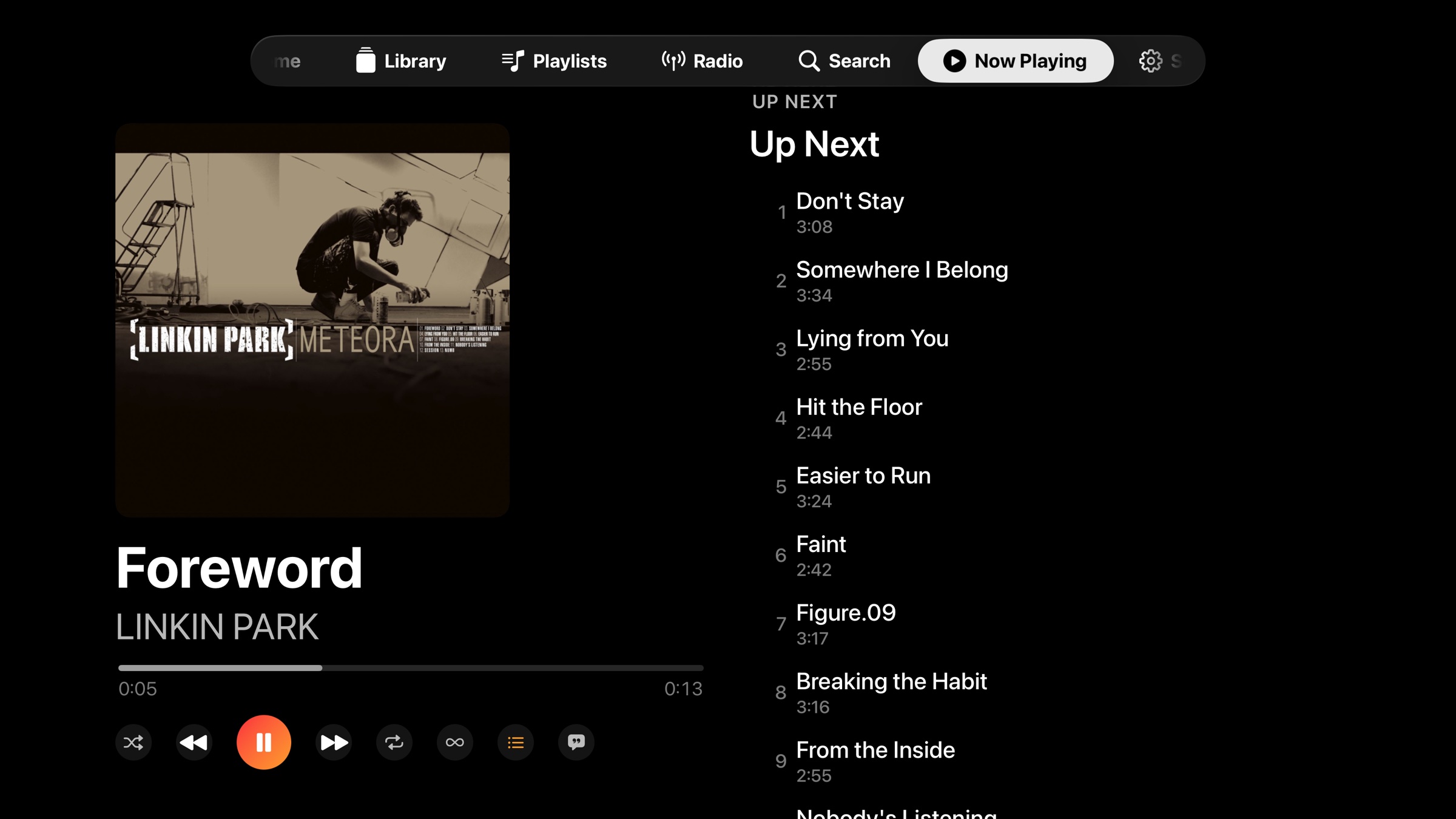 NaviBeat Now Playing on Apple TV with full-size album art, track title Foreword by Linkin Park, transport controls, and an Up Next queue listing the next 9 tracks.