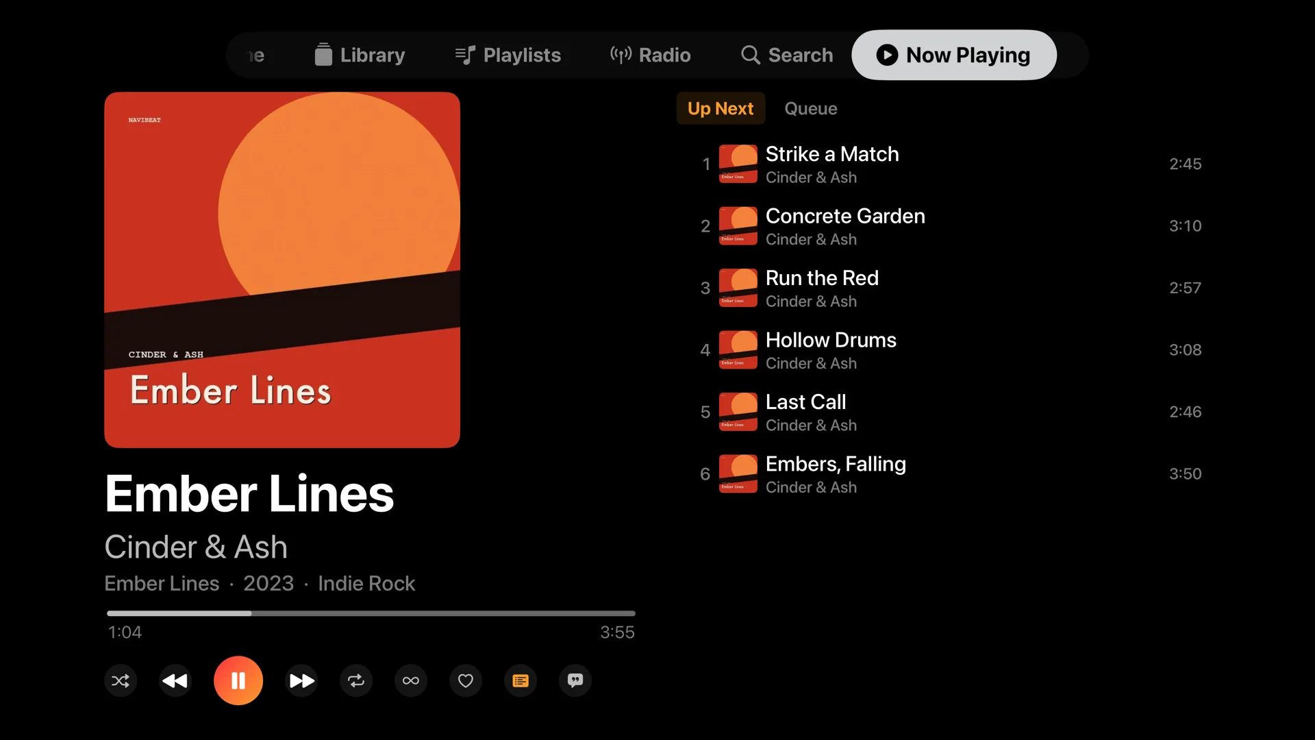 NaviBeat Now Playing with Up Next queue on Apple TV.