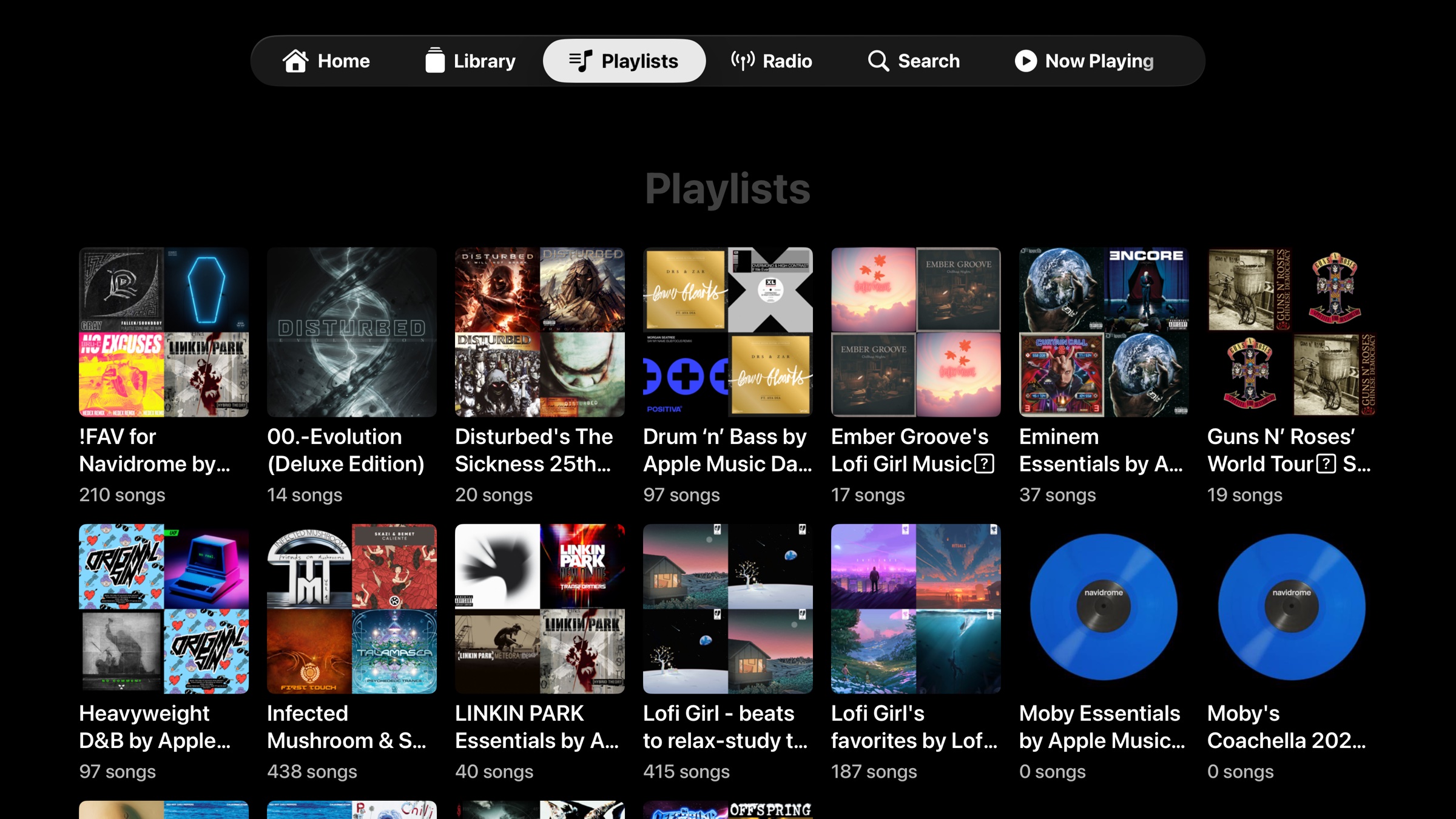 NaviBeat Playlists tab on Apple TV showing user-made and server-synced playlists with 4-up collage covers and song counts.