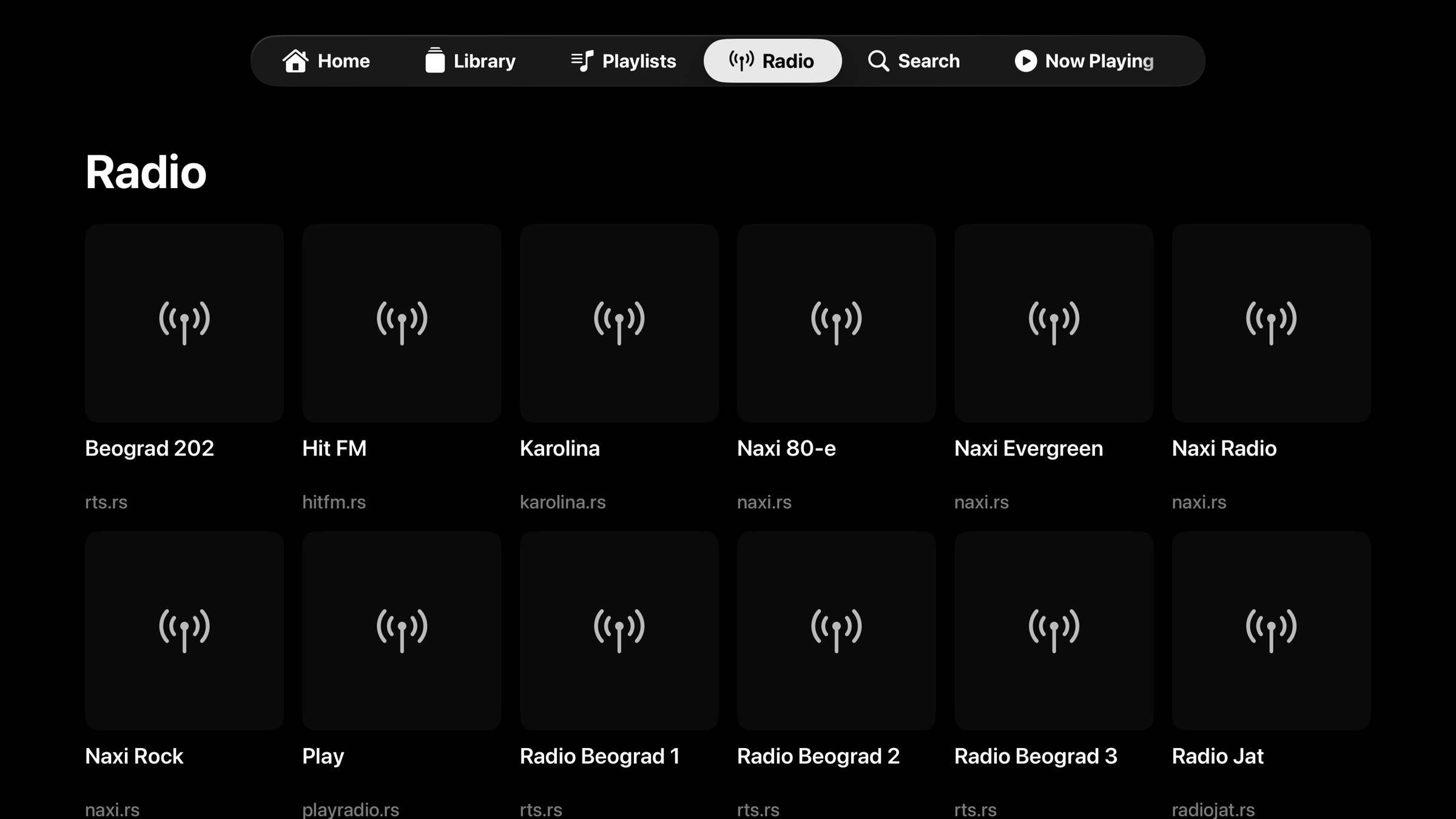 NaviBeat Radio tab on Apple TV with a grid of internet radio stations including Beograd 202, Hit FM, Karolina, Naxi Radio, and others stored in the Navidrome server.