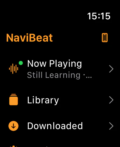 NaviBeat home menu on Apple Watch with compact rows for Now Playing, Library, and Downloaded