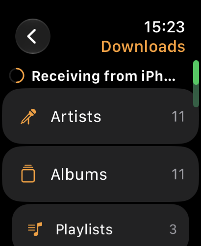 NaviBeat Downloads on Apple Watch showing Receiving from iPhone with Artists, Albums, and Playlists counts