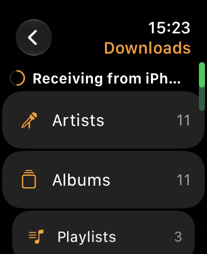 NaviBeat Downloads on Apple Watch showing Receiving from iPhone with Artists, Albums, and Playlists counts