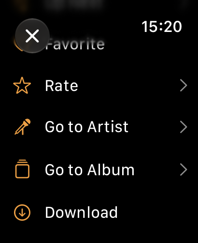 NaviBeat track menu on Apple Watch with Favorite, Rate, Go to Artist, Go to Album, and Download actions
