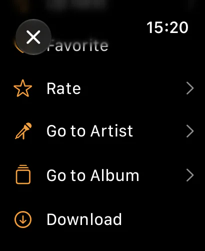 NaviBeat track menu on Apple Watch with Favorite, Rate, Go to Artist, Go to Album, and Download actions