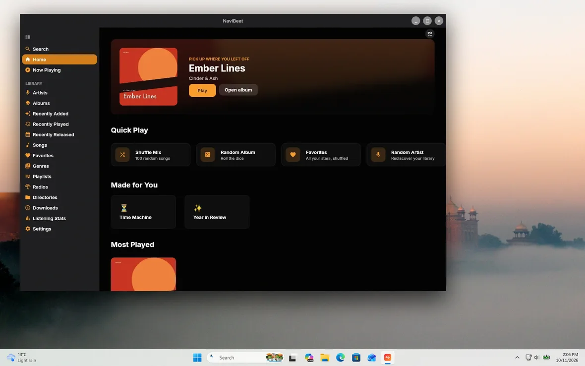 NaviBeat for Windows on the Windows 11 desktop, Home open with Ember Lines ready to play.